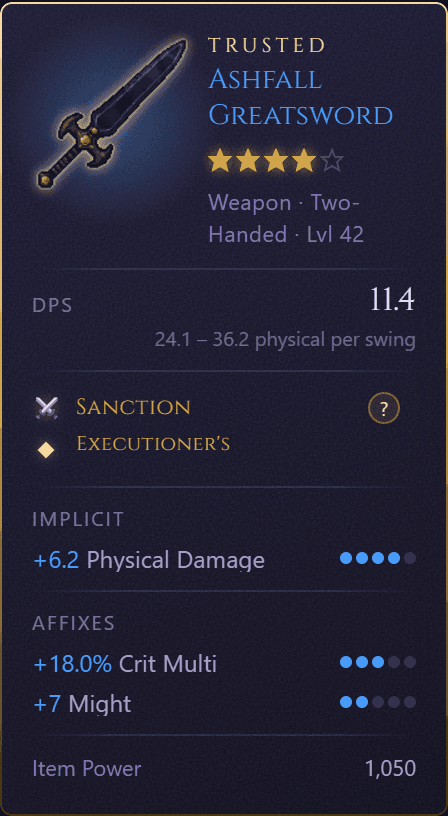 A Trusted Ashfall Greatsword in Idle Echoes, showing its innate Sanction ability, its Executioner's mark and its affixes